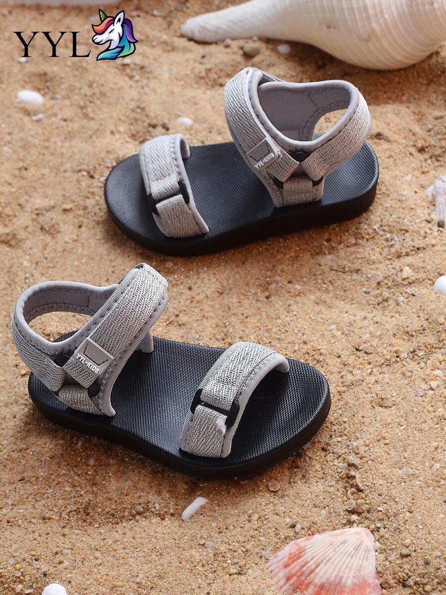 New Fashion Summer Baby Comfortable Hook And Loop Non-Slip Wear-Resistant Beach Sandals, Solid Color Lightweight Stylish Easy To Match, Minimalist Style, Campus Style, Casual Sports Sandals, Suitable For Daily Wear - Grey - View 1