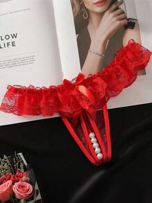 1 Pieza Tanga Sexy De Encaje Sin Entrepierna Con Detalle De Perla De Masaje - Rojo - Ver 2