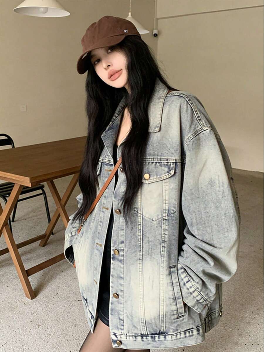 做旧长袖牛仔外套，休闲百搭宽松女式上衣 - 中等水洗藍 - 查看 1