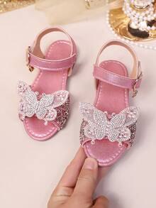 1双玫红色幼儿/小女孩平底凉鞋，柔软皮革，彩色水钻蝴蝶装饰，经典露趾设计，防滑软底，可调节鞋带，时尚公主凉鞋，适合3-12岁儿童，日常、假日、派对、2026春夏款 - 玫紅色 - 查看 3