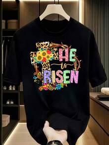 Easter Day Art-Shirt He Is Risen Floral Jesus Easter Day Christians Leopard-Shirt. Casual Crew Neck Short Sleeve Comfort Tee Top Spring &Amp;   Summer. Women's Clothing.Jpg Graphic Tees Men Crop Tops Couple Tee Art Outfits Men-Shirt - 黑色 1pcs WOMEN5 - 查看 7
