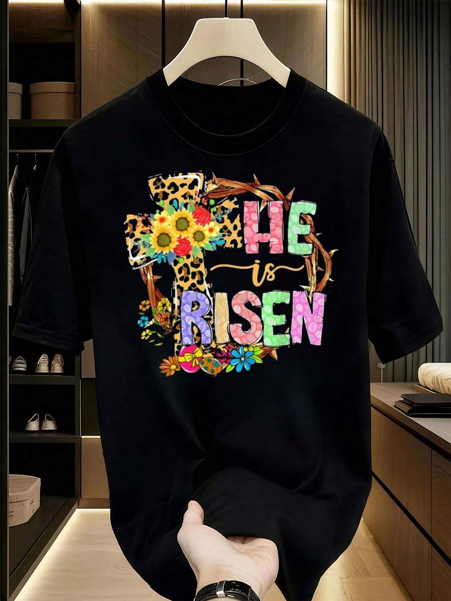Easter Day Art-Shirt He Is Risen Floral Jesus Easter Day Christians Leopard-Shirt. Casual Crew Neck Short Sleeve Comfort Tee Top Spring &Amp; Summer. Women's Clothing.Jpg Graphic Tees Men Crop Tops Couple Tee Art Outfits Men-Shirt - 黑色 1pcs MEN1 - 查看 1