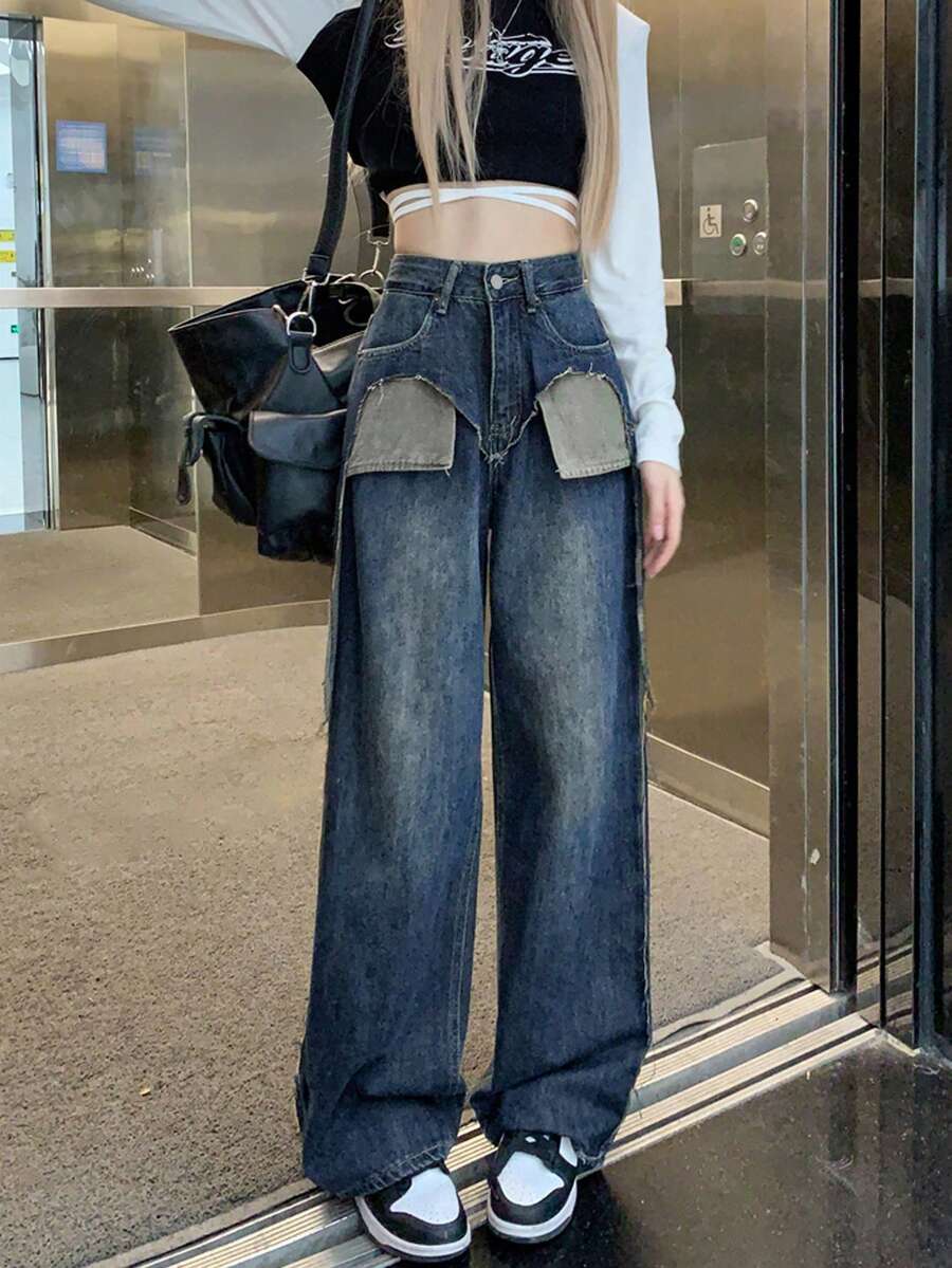 时尚直筒宽松牛仔裤，适合女士春秋季穿着 - 藍色 - 查看 1
