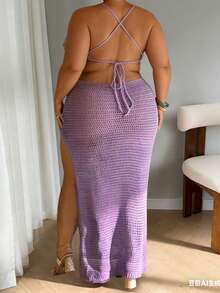 Women's White Beach Dress, Sexy Hollow-Out Fashion Long Dress, Versatile For Vacation, Casual, Beach Wear - Mauve Purple - View 2