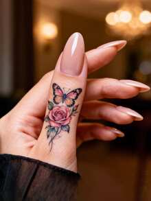 STARTTOOS 小巧精致的玫瑰图案手指临时纹身贴纸，蝴蝶/玫瑰图案Y2K风格临时假纹身，适用于手腕、脚踝、肩膀、脖子、锁骨等部位，DIY嘉年华、情人节、派对节日礼物。防水逼真的身体纹身贴纸。 - 彩色 - 查看 1