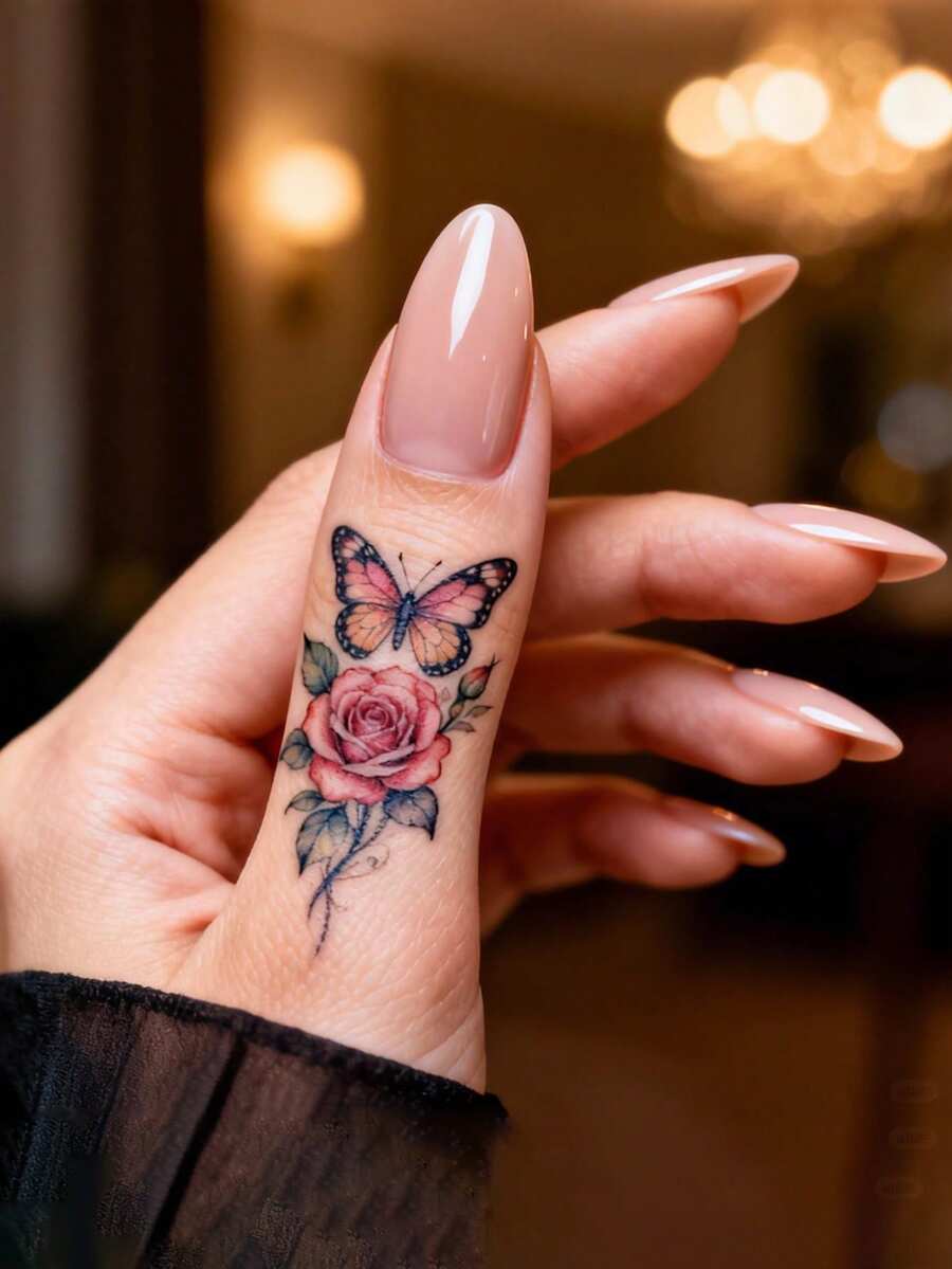 STARTTOOS 小巧精致的玫瑰图案手指临时纹身贴纸，蝴蝶/玫瑰图案Y2K风格临时假纹身，适用于手腕、脚踝、肩膀、脖子、锁骨等部位，DIY嘉年华、情人节、派对节日礼物。防水逼真的身体纹身贴纸。 - 彩色 - 查看 1