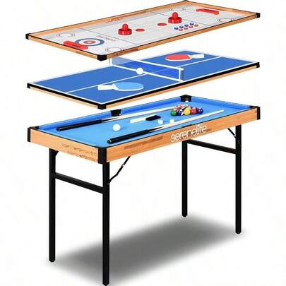 4 In 1 Multi Game Table, 4'x2' Folding Portable Sports Arcade Games With Accessories, Ping Pong, Air Hockey, Pool Billiards, And Shuffleboard, For Indoor, Outdoor, All Ages