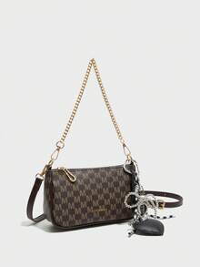 这款全新时尚经典单肩包采用防水PU材质，饰有M形印花、金属链条和黑色心形吊坠。这款法式手提/单肩包是购物的理想之选。 - 咖啡 - 查看 3