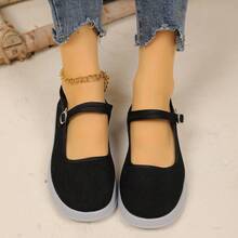 Women's Black Corduroy Mary Jane Platform Shoes - Comfortable Thick Sole Buckle Strap Casual Flats For Daily Wear - 黑與白 - 查看 5