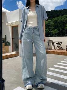 YEAE | Women's Wide Leg Jeans, With Button Pockets And Zipper Details, Long Non-Stretch Party Style - Medium Wash - View 5