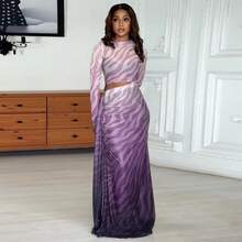 2026 Spring New Gradient Purple Sheer Long Sleeve Slim Dress Set For Women, Elegant And Mature Outfit - Bộ chuyển màu tím - Xem 3