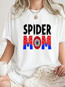 Spider Web Mom T-Shirt 100% Cotton Short Sleeve Crew Neck Mothers Day Birthday Gift For Women Superhero Graphic Tee Funny Mommy Spidey Design Novelty Soft Breathable Casual Summe-2 - 白色1 - 查看 1
