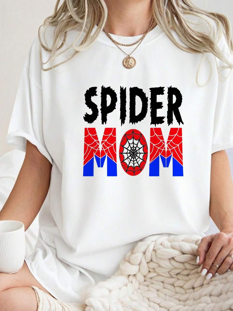 Spider Web Mom T-Shirt 100% Cotton Short Sleeve Crew Neck Mothers Day Birthday Gift For Women Superhero Graphic Tee Funny Mommy Spidey Design Novelty Soft Breathable Casual Summe-2 - 白色1 - 查看 1