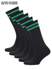 5/10 Pairs Unisex Soft & Comfortable Striped Black Mid-Calf Socks, Suitable For Daily Wear, Outdoor, Casual Sports, Loafers, Sneakers, All Seasons - Multicolor - View 1