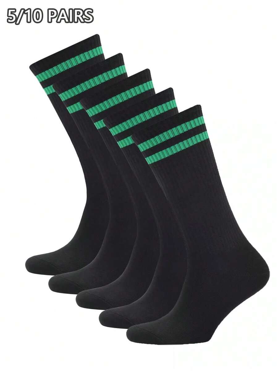 5/10 Pairs Unisex Soft & Comfortable Striped Black Mid-Calf Socks, Suitable For Daily Wear, Outdoor, Casual Sports, Loafers, Sneakers, All Seasons - Multicolor - View 1