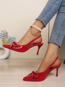 Nuevos tacones altos rojos para mujer con correa trasera, stilettos de punta afilada, con acento de lazo, zapatos de tacón de tira, zapatos rojos de piel patentada con estilo retro francés - Burdeos - Ver 2