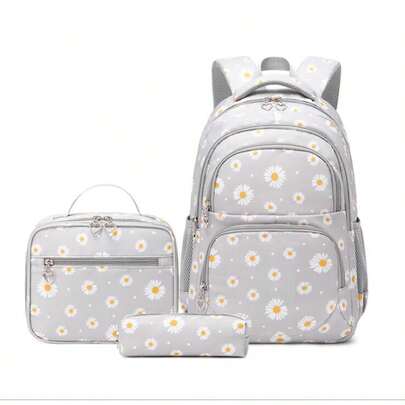 3pcs/Set Cute Daisy Print Backpack Set, Large Capacity Multi-Compartment Design, Zipper Closure, Suitable For Middle/High School Students, Girl, Back To School Gift