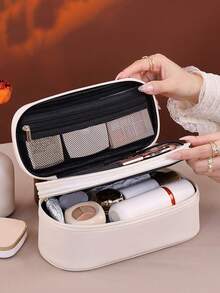 1pc Double Layer Large Capacity PU Cosmetic Bag, Women Travel Makeup Organizer Pouch - Multicolor - View 2