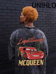 Disney UNIHLO Lightning Mcqueen Printed Summer Heavyweight Retro Washed Street Fashion Casual T-Shirt - 黑色 - 查看 3