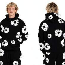 Harajuku Casual Loose Hoodie With Flower Print For Men And Women Unisex Long Sleeve Floral Pullover Versatile Casual Sweatshirt Menswear Tops Los Boyz Merch Sold Black  Spring/Fall    Loose    Pocket  Rib-Knit    Halloween  Christmas - 黑色 - 查看 7
