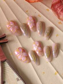 10pcs Almond-Shaped Acrylic Nail Stickers, Pink Petal With Gold Trim Short Fake Nails, Artificial Nail Kit Includes 1pc Adhesive Sticker And 1pc Mini Nail File - Multicolor - View 3