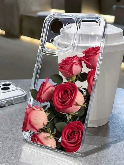 Flower 1pc Vintage Red Rose Transparent Space Phone Case Compatible With IPhone 17 16 15 14 13 12 11 17ProMax 15Plus 14Pro 16Pro, Shockproof Protective Cover, Romantic Holiday Gift
