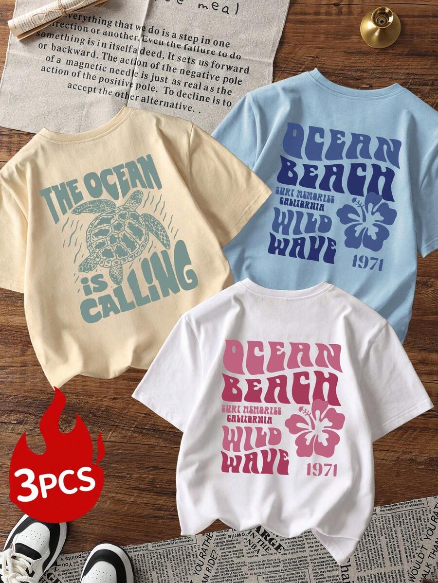 女士新款彩色字母、海龟、花卉印花圆领短袖T恤，时尚百搭，适合女士日常穿着、度假及春季休闲夏季穿着。 - 彩色 - 查看 1