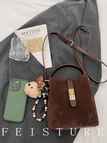 复古丝绒水桶包，女士手提包单肩斜挎包，带吊坠，适合女孩、女士、大学生、年轻职业女性和上班族，非常适合工作、商务、通勤和上学使用。 - 咖啡 - 查看 3