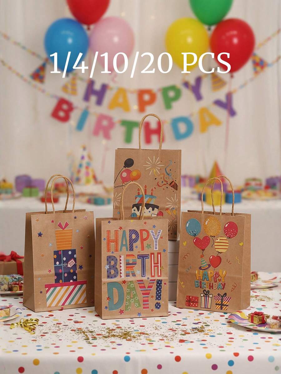 1/5/10/20pcs Kraft Paper Gift Bags With Handles, Birthday Gift Packaging Bags - , Bottom Reinforced - Ideal For Birthday Gifts, Party Favors, Anniversary Surprises - Birthday Party Gift Wrapping, Foldable Shopping Bags, Packaging Bags And Party Bags, Gift Wrapping Supplies, Party Packaging Supplies - Multicolor - View 1