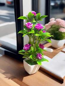 1 pieza Flor de rosa silvestre artificial y realista de colores rojo, rosa, púrpura y naranja en un jarrón cuadrado blanco para decoración del hogar, mini ornamento de arreglo