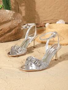 On feet& in love Women's Fashionable Elegant Strap Rhinestone Round Toe Open Toe High Heel Sandals, Suitable For Party Dresses In Summer - Silver - View 5