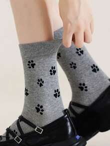 1/3 Pairs Women Solid Black White Gray Mid-Calf Socks, Cute Dog Paw Print, Suitable For Autumn/Winter - Multicolor - View 3