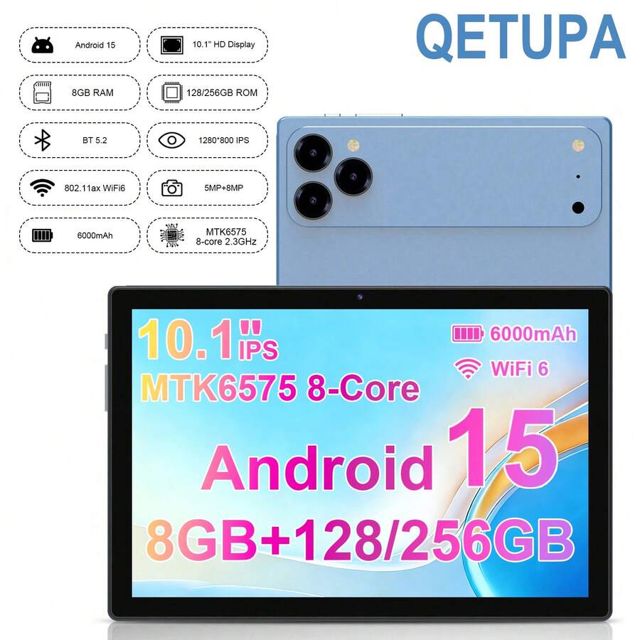 Qetupa Z30 10.1英寸安卓15平板电脑，MTK6575 CPU，八核处理器，8GB RAM + 128/256GB ROM（支持1TB SD卡），1280*800高清IPS触摸屏，5MP+8MP双摄像头，6000mAh电池，802.11ax WiFi6，GPS，优质铝合金机身 - 圣诞节、万圣节、感恩节、周年纪念日、复活节和其他特殊场合的理想之选 - 淺藍色 - 查看 1