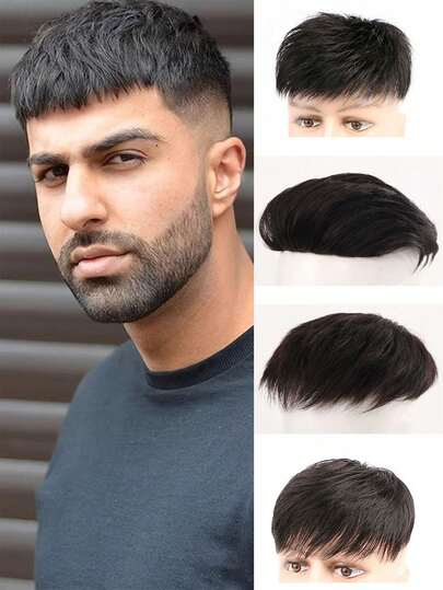Men's Synthetic Short Hairpiece, Straight Top, Basic Style For All, Hairline Repair For Bald Men, Fiber Wig,