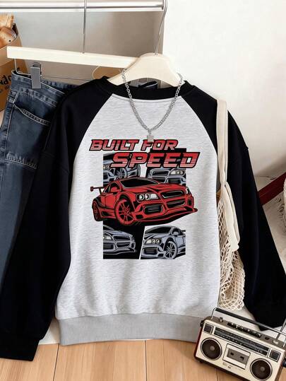 Tween Boy Red Sports Car Graphic Raglan Long Sleeve Loose Casual Sweatshirt. Suitable For Kids Who Love Cars. Can Be Worn For Parties, Gatherings, And Casual Sports.