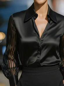 Women's Satin Lapel Blouse, Sheer Striped Long Sleeve Button-Up Shirt, Solid Color Button Net Splice Zipper Office Wear - Black - View 4