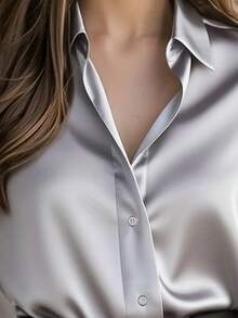 Blus Satin Polos Elegan untuk Wanita, Atasan Lengan Panjang Klasik dan Serbaguna Kelas Atas, Kain Satin, Lembut dan Halus, Dapat Dicuci dengan Mesin, Cocok untuk Kantor atau Acara Formal, Sempurna untuk Semua Musim Semi - Perak - View 4