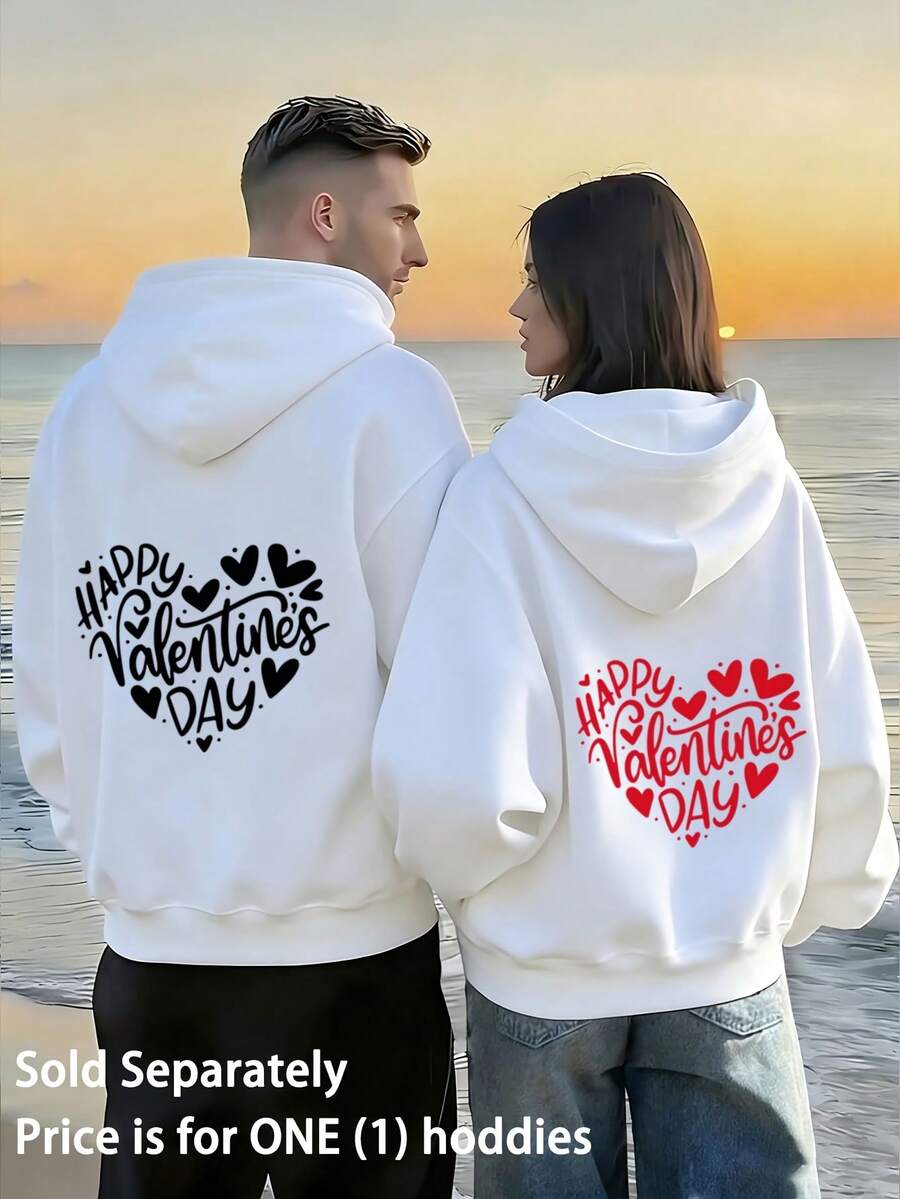1pcs Couple Spring Autumn Winter Fleece-Lined Warm Hooded Sweatshirt "Love Heart Couple Style Soft Cute Printed Party Sweatshirt, Autumn Winter Party Item, Love Heart Logo Suitable For Couples Sweet And Soft Style, Combining Hooded Style With Exquisite Attributes, It Is A Perfect Choice For Couples' Party Style, Combining Adaptability And High-End Feel" Oversized Women's Hoodie - Street Style Essential 270g - Bộ đồ liền thân màu trắng dành cho nữ - Xem 1