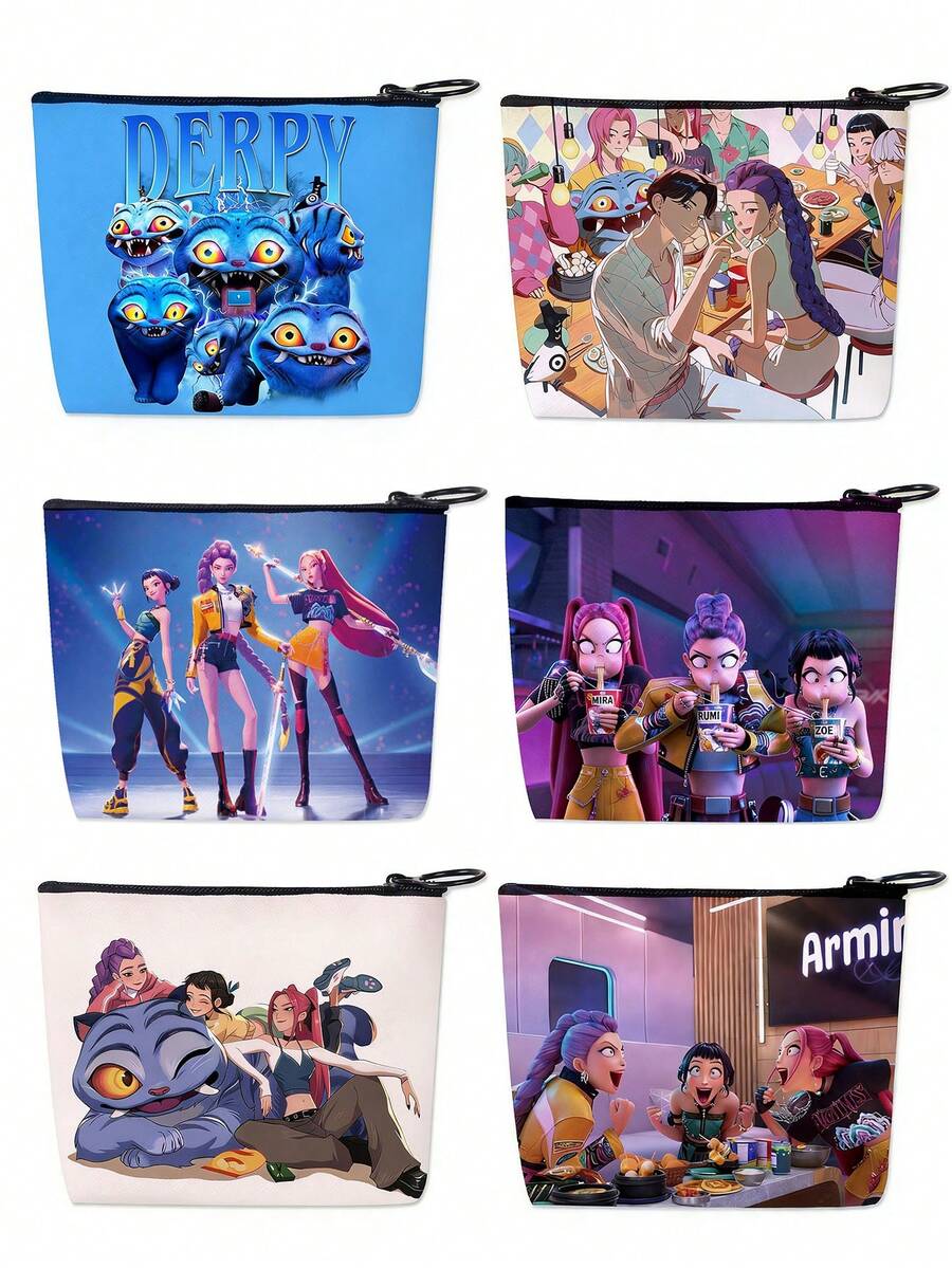 asmodee 6 piezas Monedero de estilo anime de dibujos animados con tema de cazador, monedero de estilo K-Pop, cartera con portamonedas con patrón de personajes de anime, pequeño regalo para vacaciones - Multicolor - Ver 1