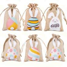 6/12 Piezas Bolsas de yute con cordón estilo Pascua, bolsas de yute con cordón de Pascua con diseño de conejito, bolsas de regalo de lino con cordones de yute dobles, bolsas de Pascua de yute con estilo de dibujos animados - Multicolor - Ver 2