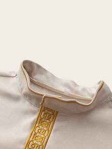 Bata larga de manga larga con cuello Mao bordado holgada para hombres, Kaftan musulmán casual y formal - Caqui - Ver 3