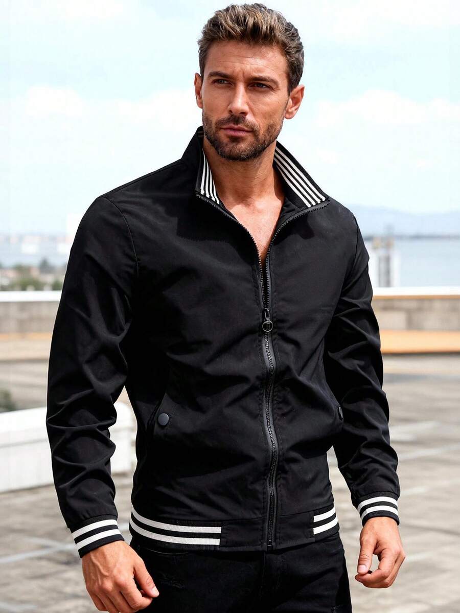 男士休闲轻薄商务条纹夹克，春秋季 - 黑色 - 查看 1