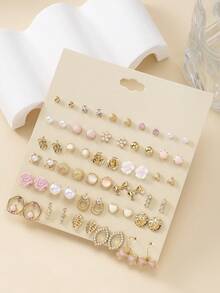 30 Pairs Rose Flower, Bow, Rhinestone, Faux Pearl, Letter Stud Earrings Assorted Styles Set For Women - Multicolor - View 6