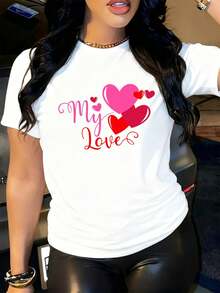Women's Pink And White Heart Print-Shirt - Vintage Casual Short Sleeve Round Neck Top, Valentine's Day And Daily Comfortable Wear, Non-Padded Design, Suitable Daily Outfits And Love-Themed Occasions Fashionable Women's Clothing - 白色 - 查看 7