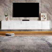 Meuble TV bas moderne blanc 170 cm, Schwebend ou Stehend, High Glanz-Oberfläche, Robinets avec 3 Türen et 2 Schubladen, Antique Stauraum für Wohnzimmer - Blanc - Voir 1