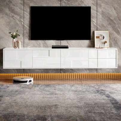 Modern White TV Low Cabinet 170 Cm, Schwebend Or Stehend, High Glanz-Oberfläche, Taps With 3 Türen And 2 Schubladen, Antique Stauraum Für Wohnzimmer