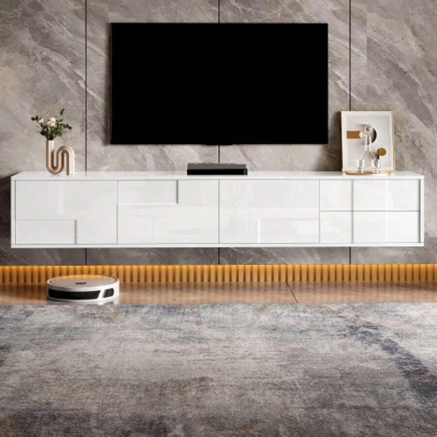 Meuble TV bas moderne blanc 170 cm, Schwebend ou Stehend, High Glanz-Oberfläche, Robinets avec 3 Türen et 2 Schubladen, Antique Stauraum für Wohnzimmer - Blanc - Voir 1