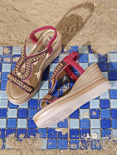 Beaded Platform Sandals For Women, Wedge Heel, Bohemian Retro Roman Open Toe High Heels, Suitable For Teenagers In Summer