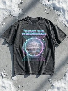 Thank The Phoenicians Spaceship Earth Graphic Tee Acid Washed Shirt Unisex Couple Matching Group Trip Gear Retro Sci-Fi 80s Synthwave Aesthetic Epcot World Shirt Vintage Style Cotton Graphic Tees Men Oversized T Shirt Summer Clothes Men Winter Clothes - 黑色 - 查看 1