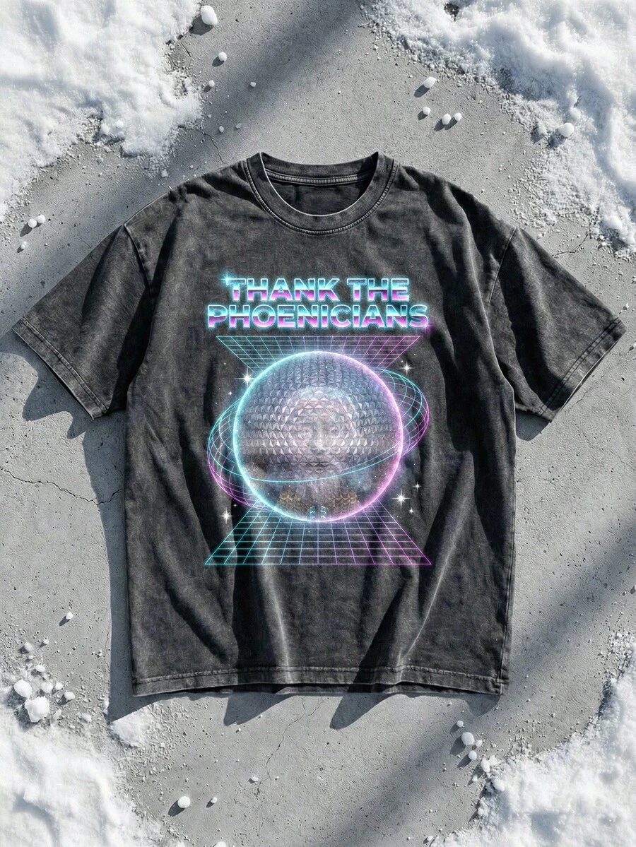 Thank The Phoenicians Spaceship Earth Graphic Tee Acid Washed Shirt Unisex Couple Matching Group Trip Gear Retro Sci-Fi 80s Synthwave Aesthetic Epcot World Shirt Vintage Style Cotton Graphic Tees Men Oversized T Shirt Summer Clothes Men Winter Clothes - 黑色 - 查看 1